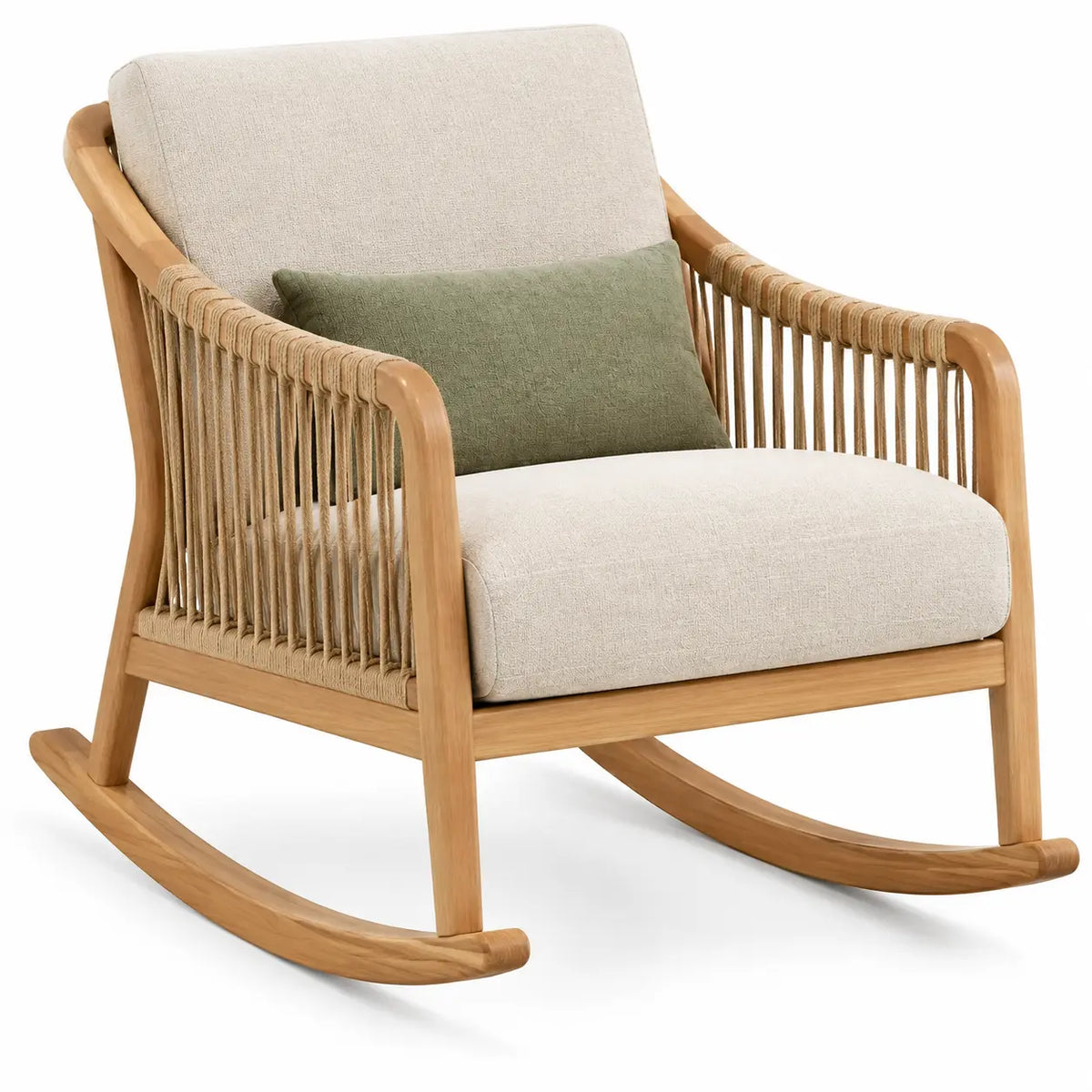 Fauteuil à bascule beige à dossier clair et côtés ajourés