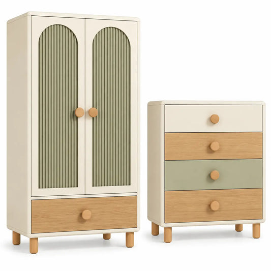 Ensemble de rangement crème, beige et vert avec armoire et commode