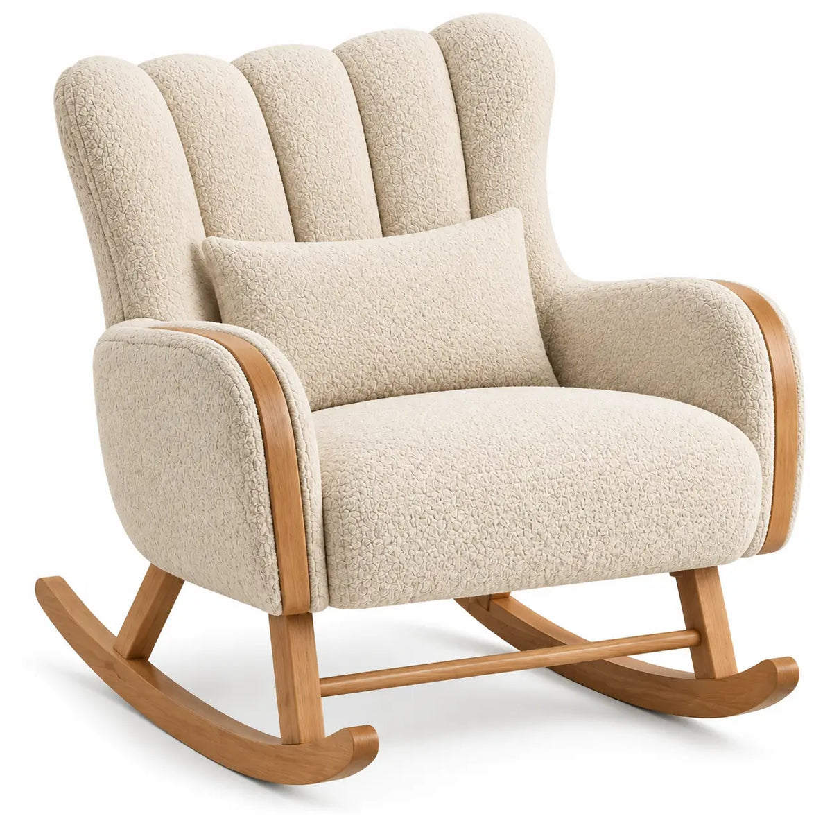 Fauteuil à bascule beige à dossier haut et coussin lombaire