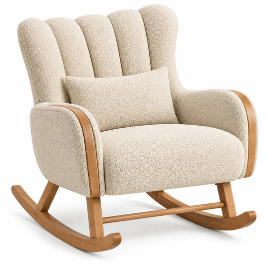 Fauteuil à bascule beige à dossier haut et coussin lombaire