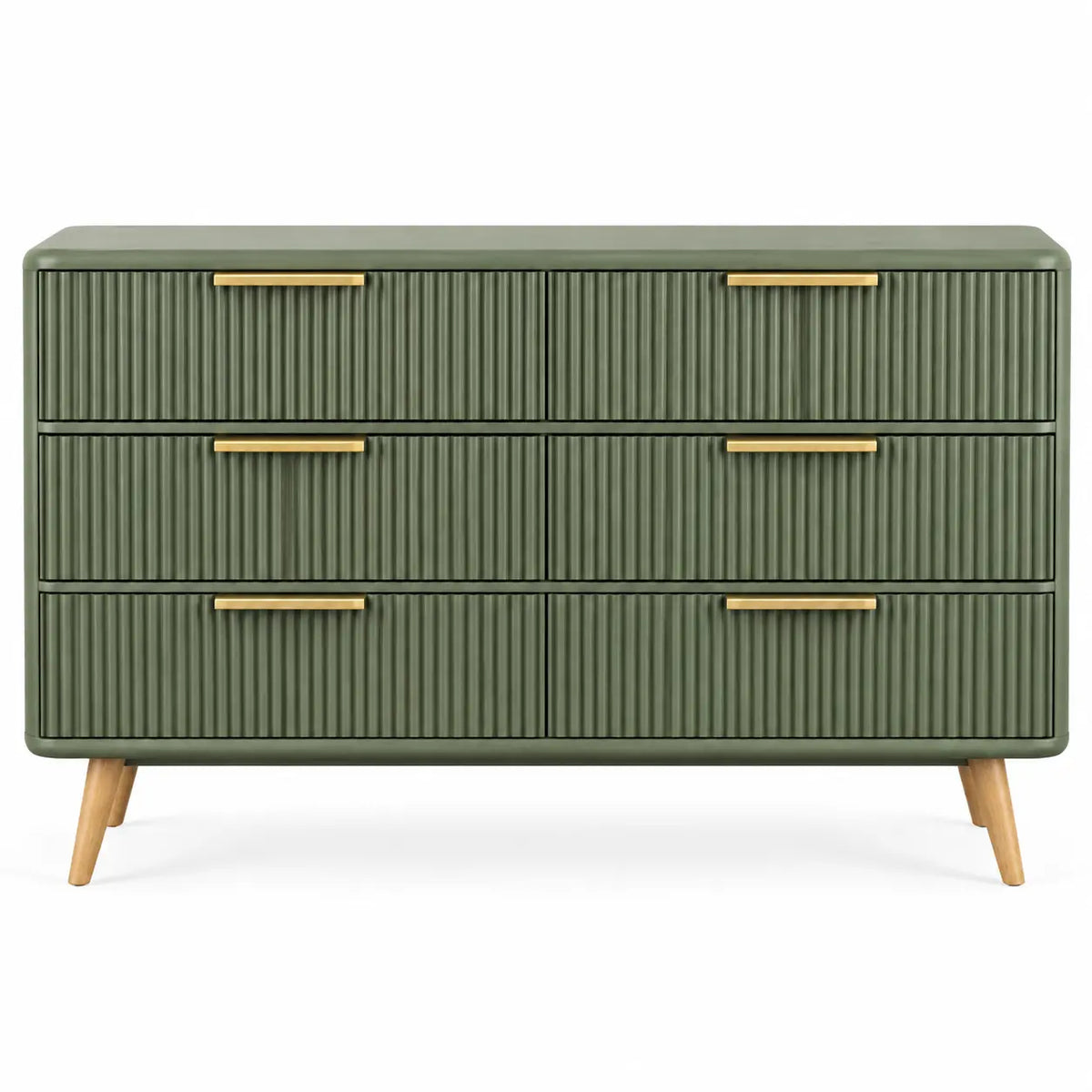 Commode verte à six tiroirs striés et poignées dorées