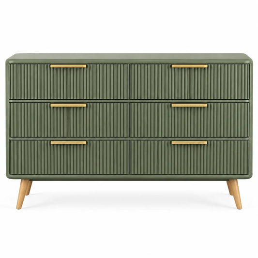 Commode verte à six tiroirs striés et poignées dorées