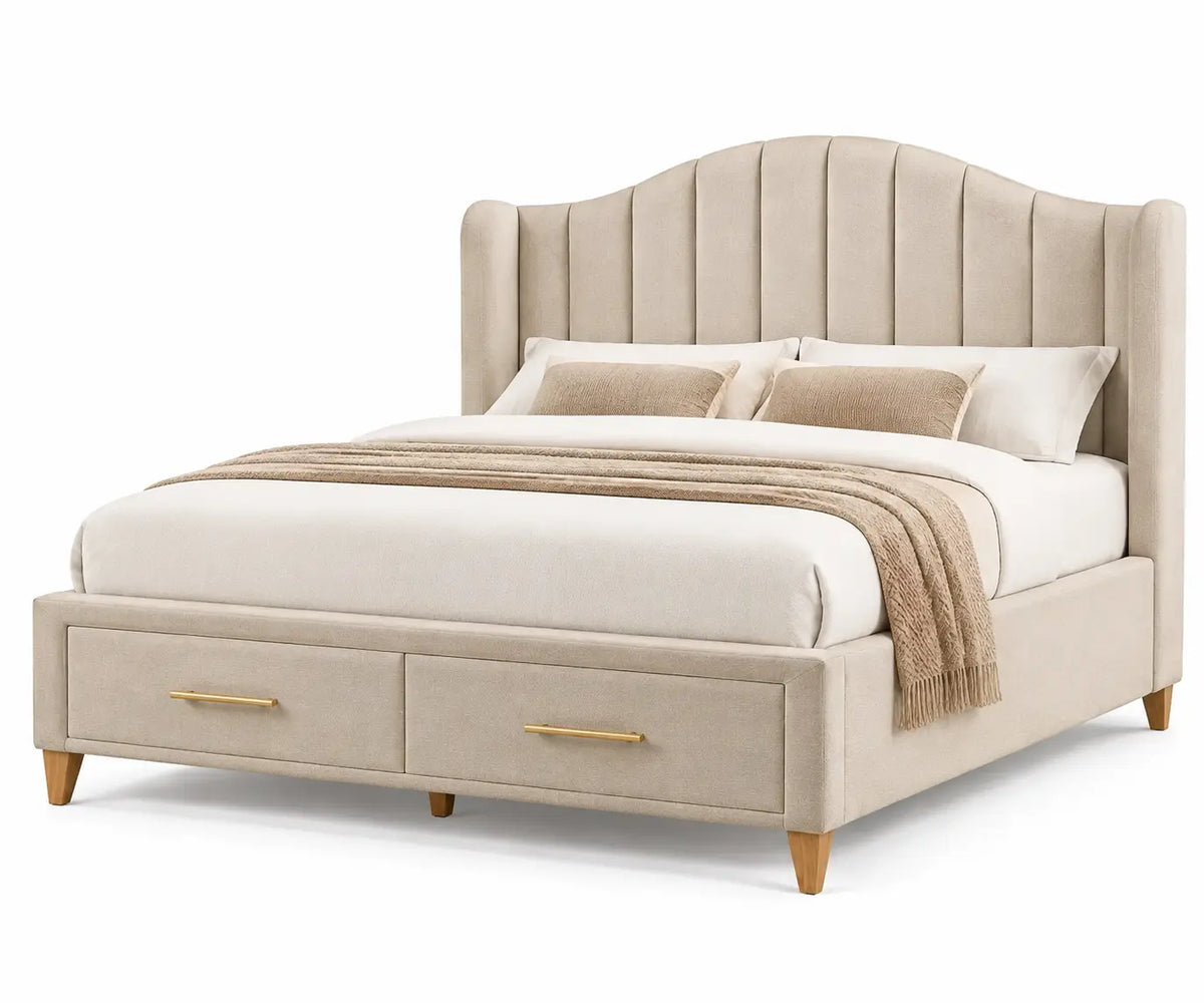 Lit beige à tête de lit ondulée et tiroirs de pied de lit