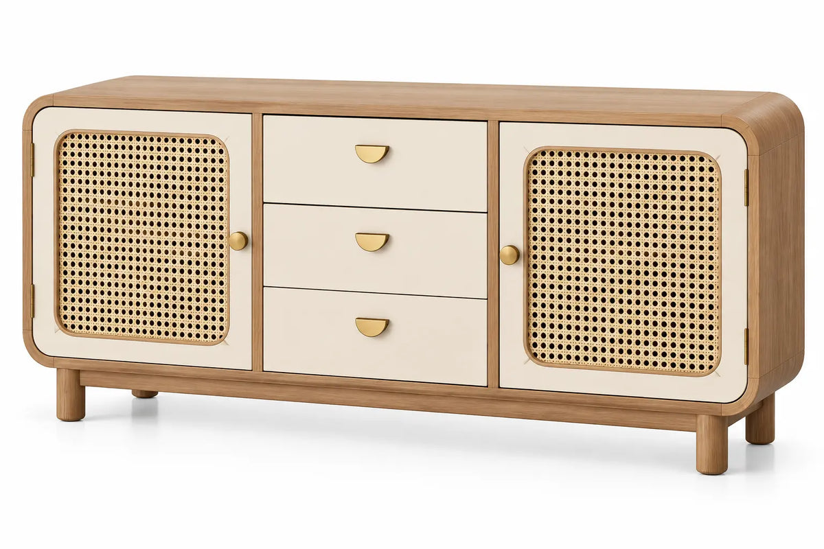 Buffet beige arrondi à portes ajourées et trois tiroirs crème