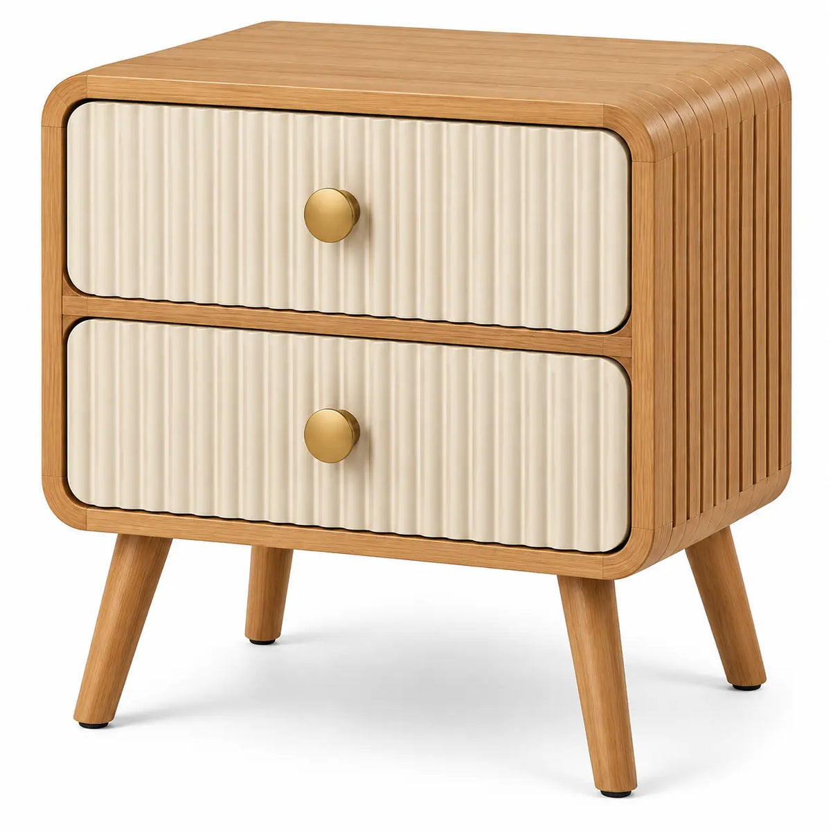 Table de chevet beige et crème à deux tiroirs striés