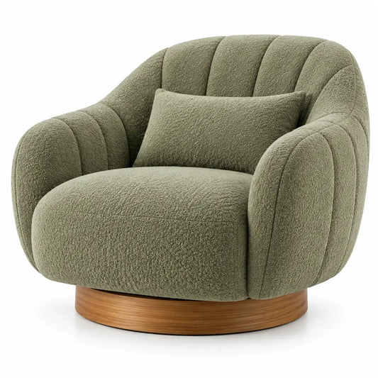 Fauteuil vert enveloppant à socle rond beige