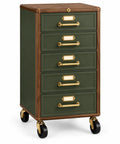 Chiffonnier vert et marron à cinq tiroirs sur roulettes