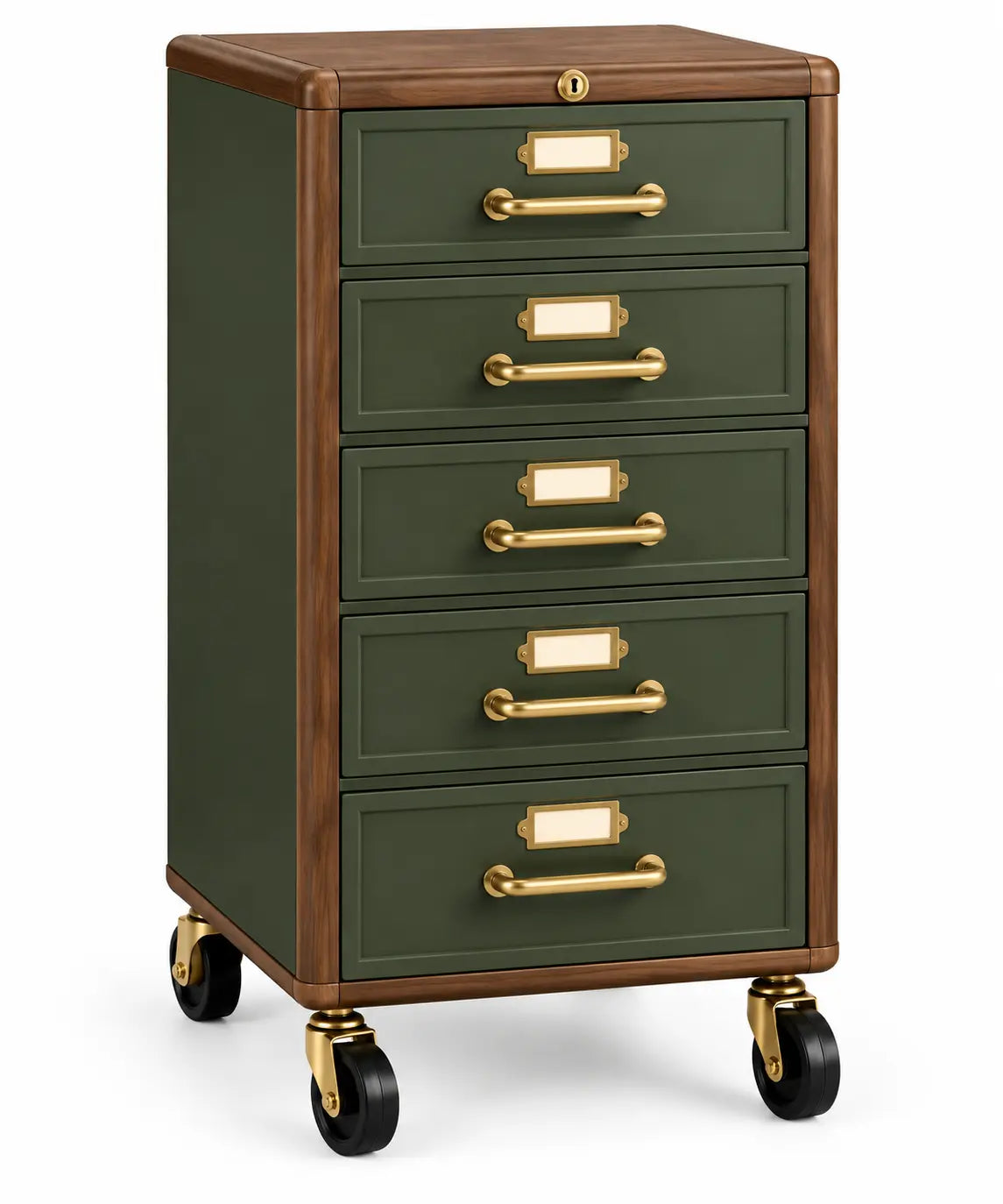 Chiffonnier vert et marron à cinq tiroirs sur roulettes