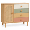 Meuble de rangement beige à porte ajourée et quatre tiroirs colorés