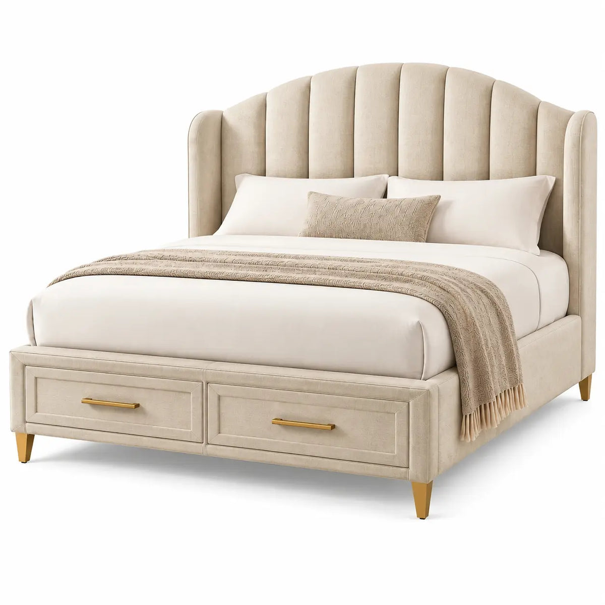 Lit beige à tête de lit cannelée enveloppante et deux tiroirs bas