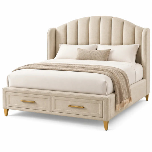 Lit beige à tête de lit cannelée enveloppante et deux tiroirs bas